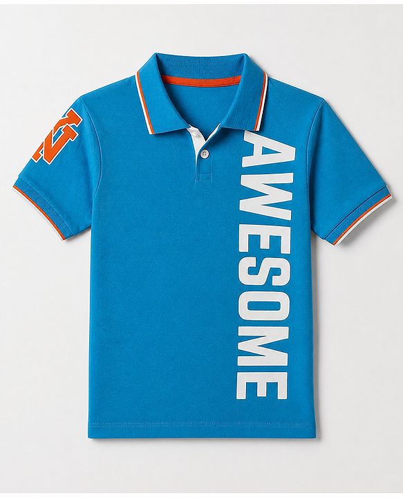 Pine Kids Cotton Knit Polo T-Shirt with Half Sleeves and Awesome Text Print - Blue