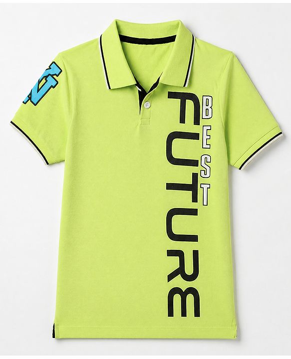 Pine Kids Cotton Knit Polo T-Shirt with Half Sleeves and Best Future Text Print in Green