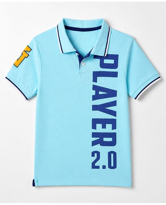 Pine Kids Cotton Knit Polo T-Shirt with Half Sleeves and Player 2.0 Text Print - Blue