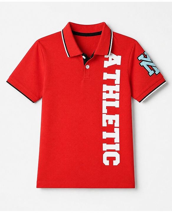 Pine Kids Cotton Knit Polo T-Shirt with Half Sleeves and Athletic Text Print - Red