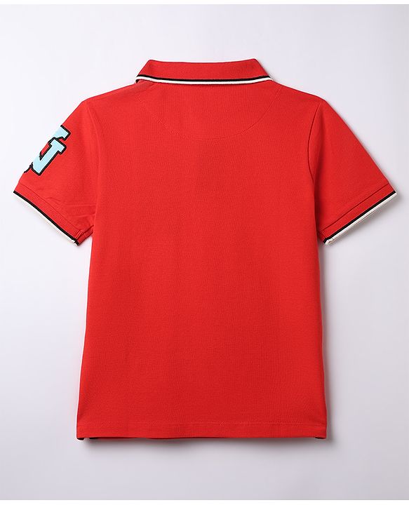 Pine Kids Cotton Knit Polo T-Shirt with Half Sleeves and Athletic Text Print - Red