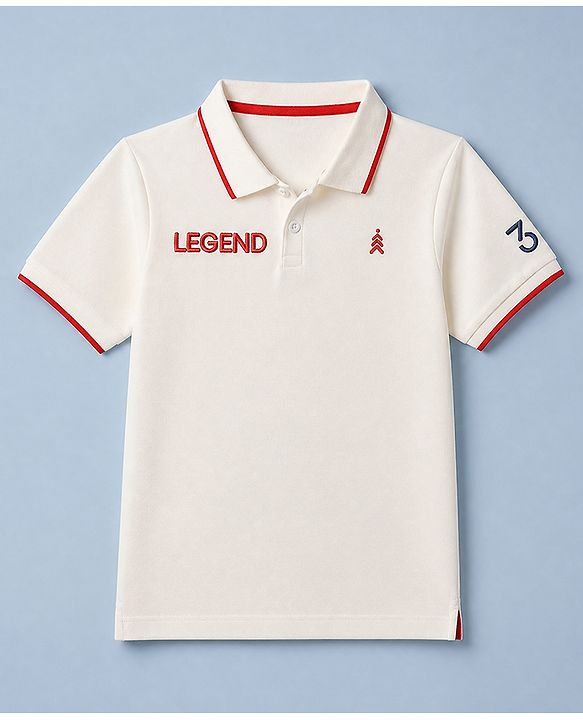 Pine Kids Cotton Knit Polo T-Shirt with Half Sleeves and Legend Text Print - White