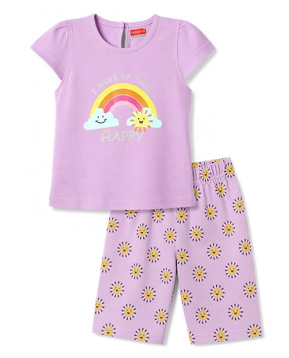 Babyhug 100% Cotton Knit Half Sleeves T-Shirt & Capri Night Suit Rainbow Print - Lavender