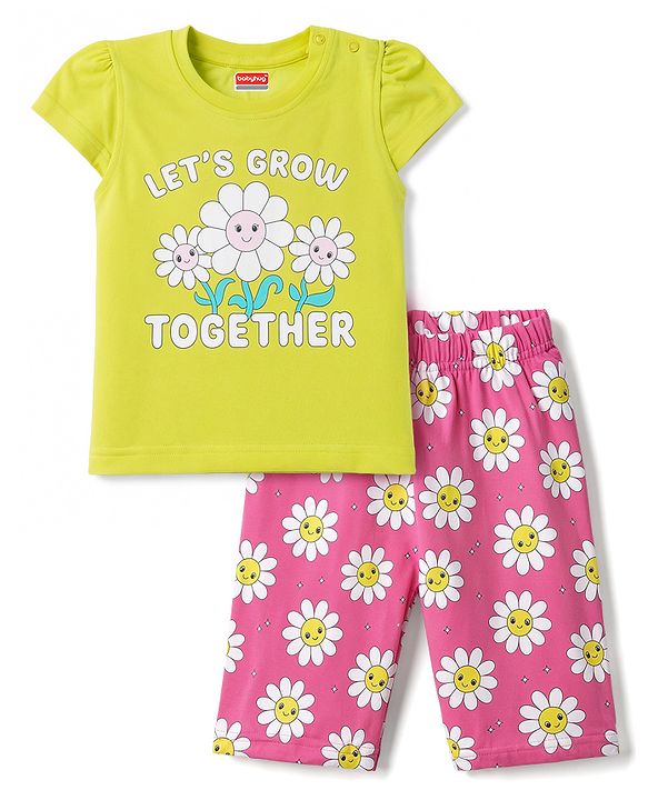 Babyhug 100% Cotton Knit Half Sleeves T-Shirt & Capri Night Suit Floral Print - Green & Pink