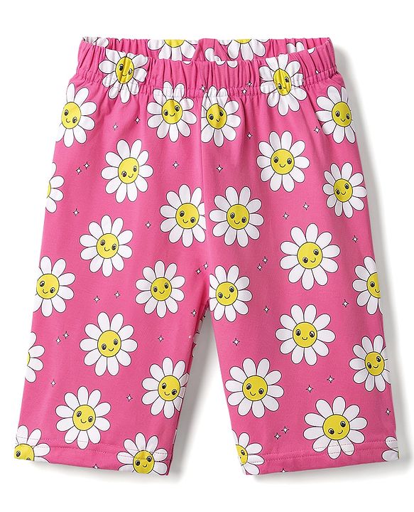 Babyhug 100% Cotton Knit Half Sleeves T-Shirt & Capri Night Suit Floral Print - Green & Pink