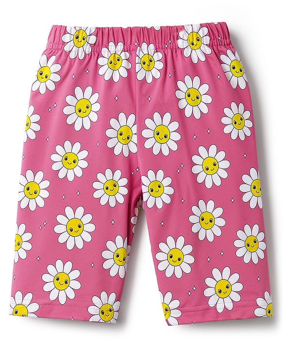 Babyhug 100% Cotton Knit Half Sleeves T-Shirt & Capri Night Suit Floral Print - Green & Pink