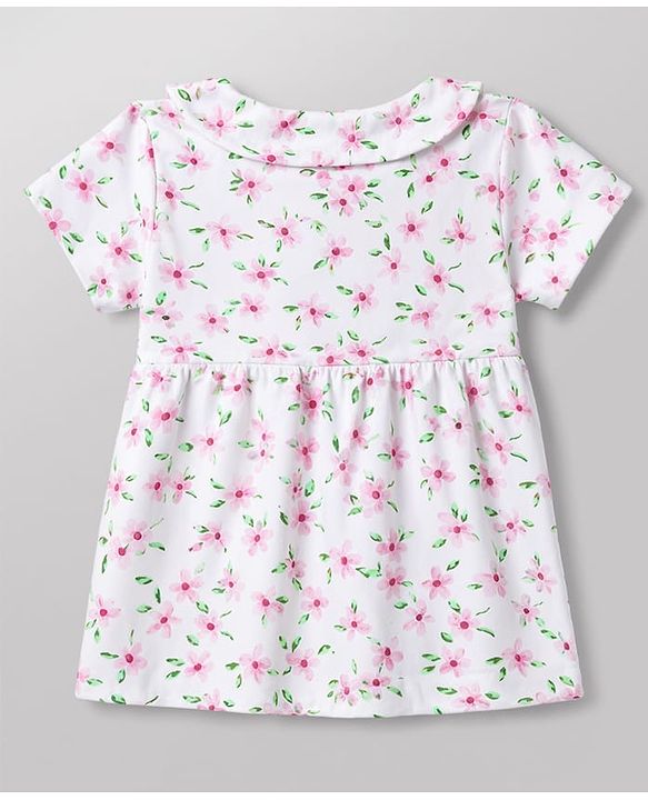 Babyhug 100% Cotton Knit Half Sleeves Peter Pan Collar Co Ord Shirt & Shorts Night Suit Floral Print - White
