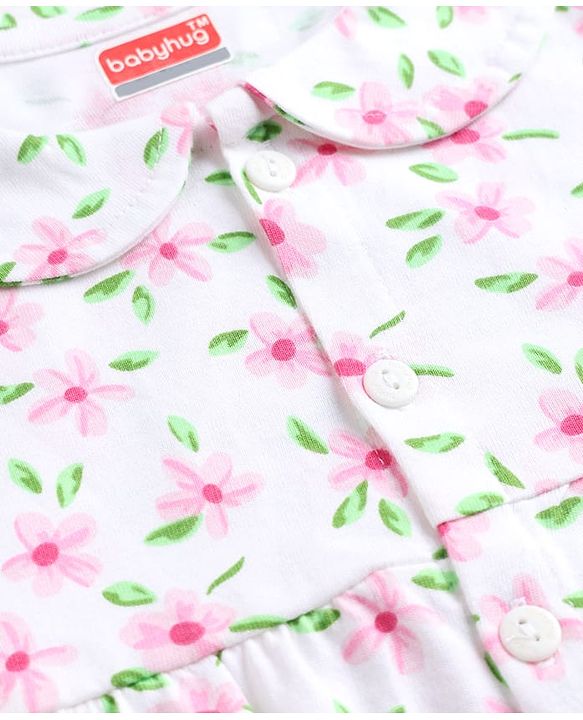 Babyhug 100% Cotton Knit Half Sleeves Peter Pan Collar Co Ord Shirt & Shorts Night Suit Floral Print - White