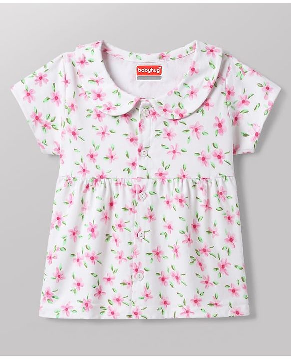 Babyhug 100% Cotton Knit Half Sleeves Peter Pan Collar Co Ord Shirt & Shorts Night Suit Floral Print - White