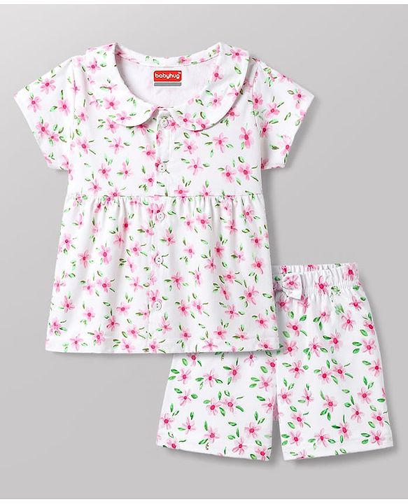 Babyhug 100% Cotton Knit Half Sleeves Peter Pan Collar Co Ord Shirt & Shorts Night Suit Floral Print - White