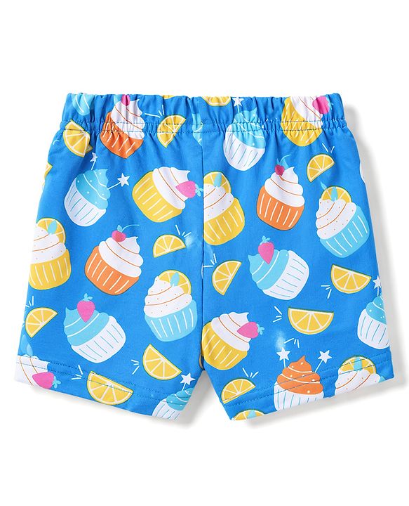 Babyhug 100% Cotton Knit Half Sleeves Peter Pan Collar Co Ord T-Shirt & Shorts Night Suit Cup Cake Print - Blue