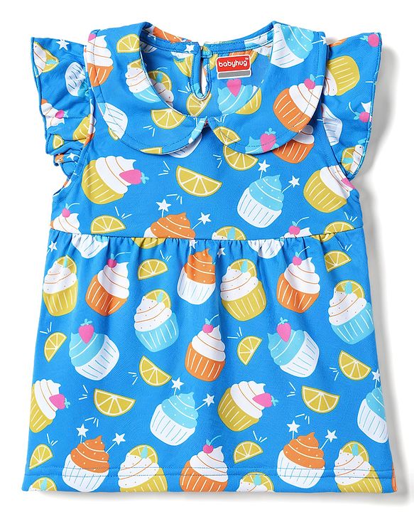 Babyhug 100% Cotton Knit Half Sleeves Peter Pan Collar Co Ord T-Shirt & Shorts Night Suit Cup Cake Print - Blue