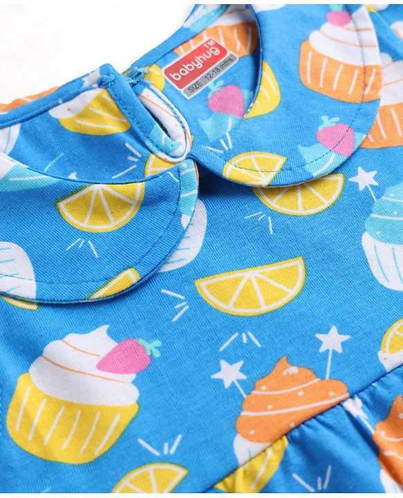 Babyhug 100% Cotton Knit Half Sleeves Peter Pan Collar Co Ord T-Shirt & Shorts Night Suit Cup Cake Print - Blue