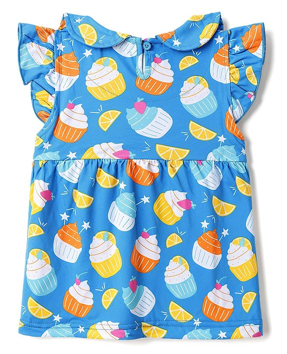 Babyhug 100% Cotton Knit Half Sleeves Peter Pan Collar Co Ord T-Shirt & Shorts Night Suit Cup Cake Print - Blue