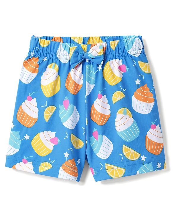 Babyhug 100% Cotton Knit Half Sleeves Peter Pan Collar Co Ord T-Shirt & Shorts Night Suit Cup Cake Print - Blue