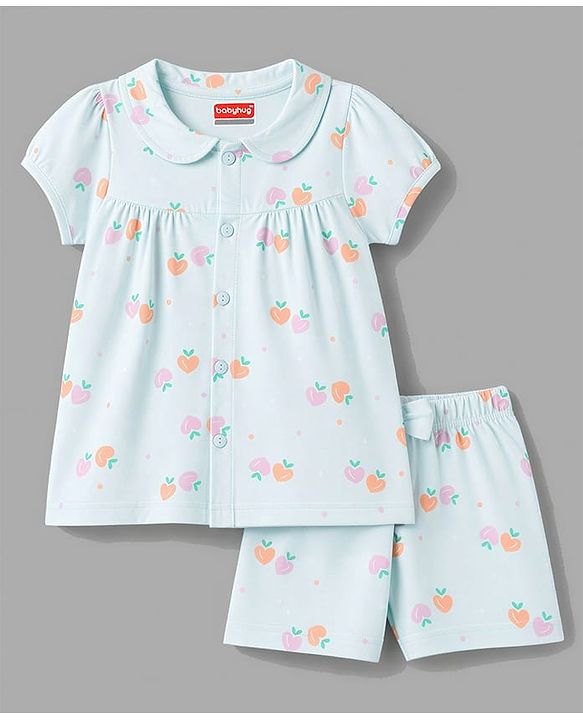 Babyhug 100% Cotton Knit Half Sleeves Top & Shorts Night Suit Co-ords With Heart Print - Light Blue