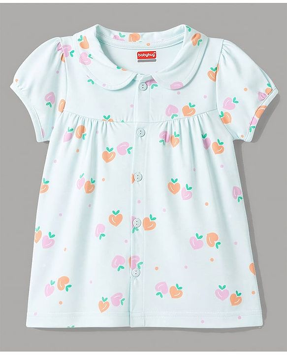 Babyhug 100% Cotton Knit Half Sleeves Top & Shorts Night Suit Co-ords With Heart Print - Light Blue