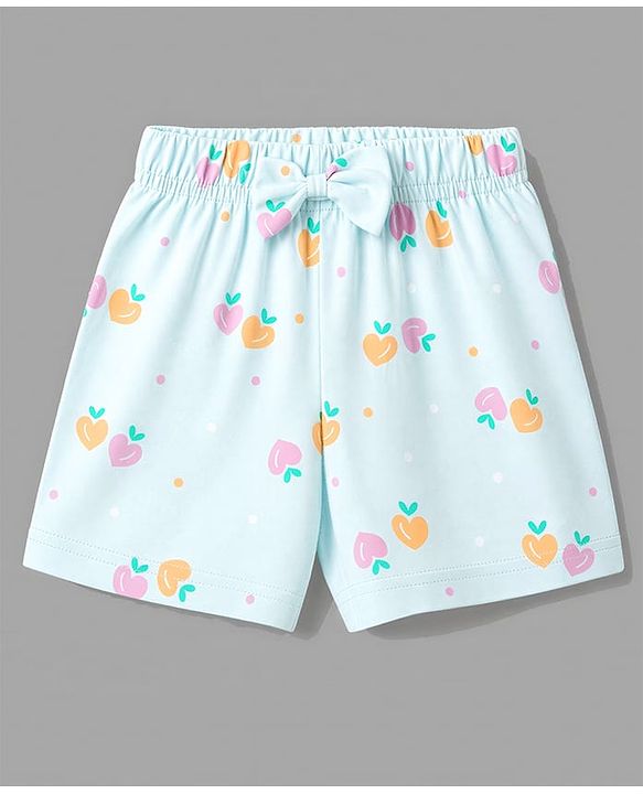 Babyhug 100% Cotton Knit Half Sleeves Top & Shorts Night Suit Co-ords With Heart Print - Light Blue