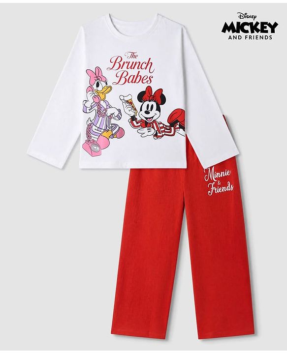 Pine Kids Disney 100% Cotton Single Jersey Knit Full Sleeves T- Shirt & Pyjama Night Suit With Minnie & Friends Graphic Print in White