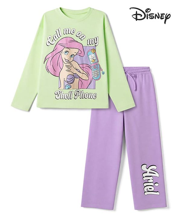 Pine Kids Disney 100% Cotton Single Jersey Knit Full Sleeves T-Shirt & Pajama Night Suit with Call Me on My Shell Phone Text & Ariel Graphic Print - Light Green, Purple