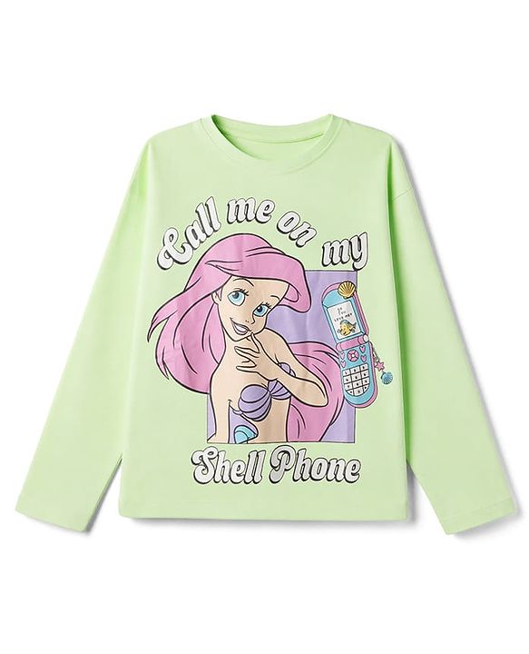Pine Kids Disney 100% Cotton Single Jersey Knit Full Sleeves T-Shirt & Pajama Night Suit with Call Me on My Shell Phone Text & Ariel Graphic Print - Light Green, Purple