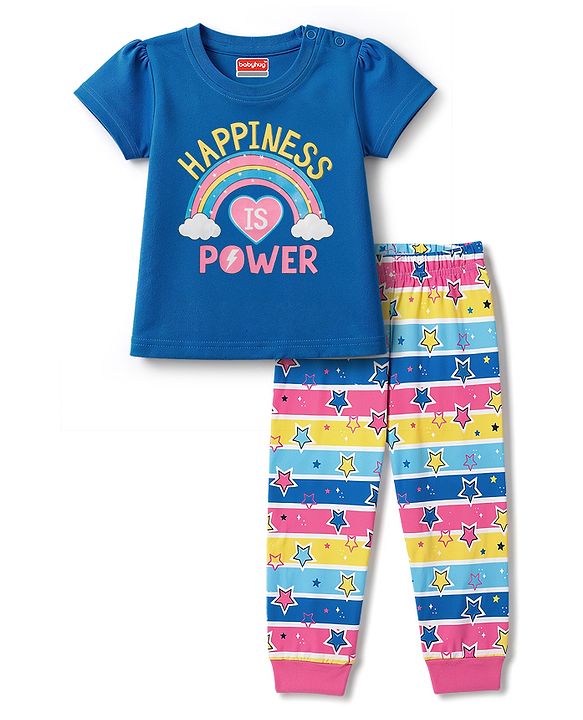 Babyhug 100% Cotton Knit Full Sleeves T-Shirt & Pyjama Night Suit Rainbow Print - Blue