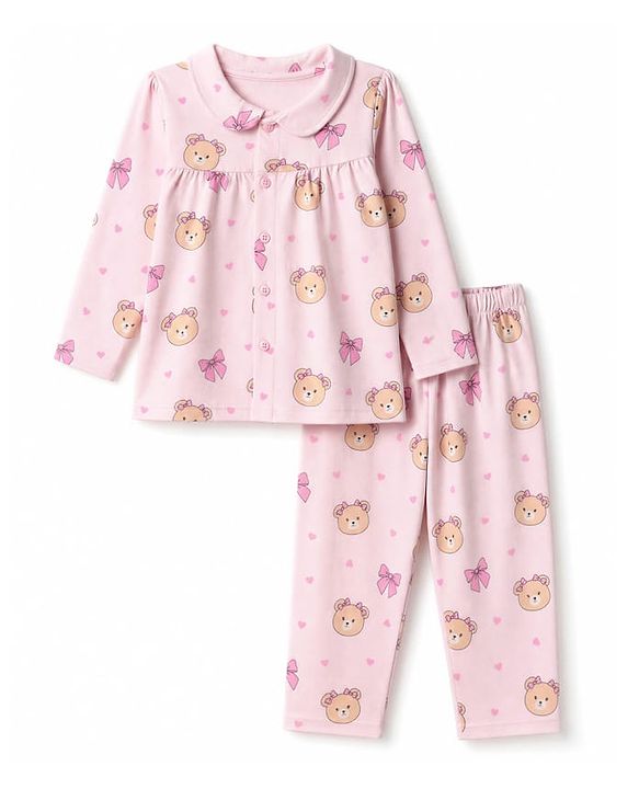Babyhug 100% Cotton Knit Full Sleeves Front Open Shirt & Pyjama Night Suit with Teddy Bear Print - Pink