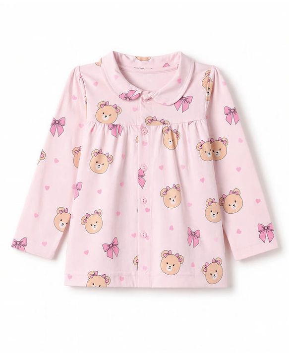 Babyhug 100% Cotton Knit Full Sleeves Front Open Shirt & Pyjama Night Suit with Teddy Bear Print - Pink