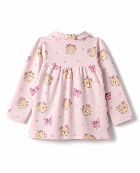 Babyhug 100% Cotton Knit Full Sleeves Front Open Shirt & Pyjama Night Suit with Teddy Bear Print - Pink