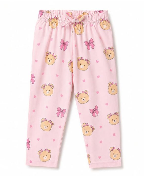 Babyhug 100% Cotton Knit Full Sleeves Front Open Shirt & Pyjama Night Suit with Teddy Bear Print - Pink