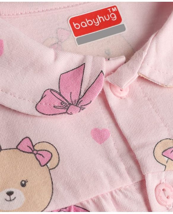 Babyhug 100% Cotton Knit Full Sleeves Front Open Shirt & Pyjama Night Suit with Teddy Bear Print - Pink