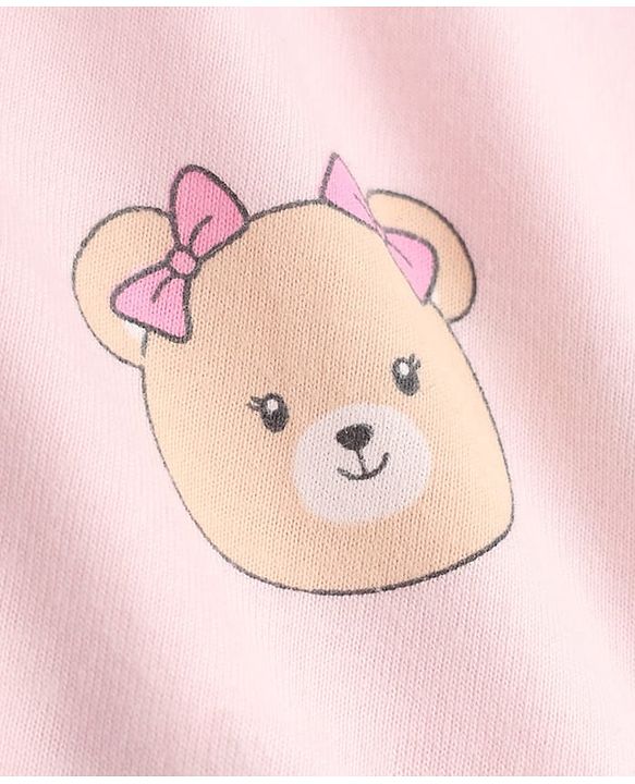 Babyhug 100% Cotton Knit Full Sleeves Front Open Shirt & Pyjama Night Suit with Teddy Bear Print - Pink