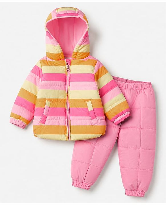 Babyhug Woven Full Sleeves Hooded Winter Wear Suit - Pink