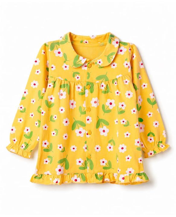 Babyhug Cotton Knit Full Sleeves Front Open Shirt & Pyjama Night Suit with Floral Print - Yellow