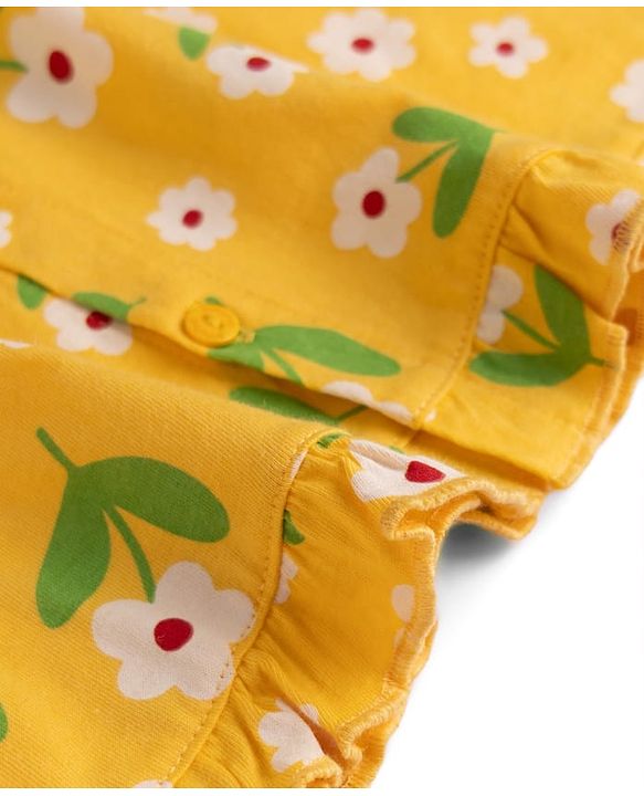 Babyhug Cotton Knit Full Sleeves Front Open Shirt & Pyjama Night Suit with Floral Print - Yellow