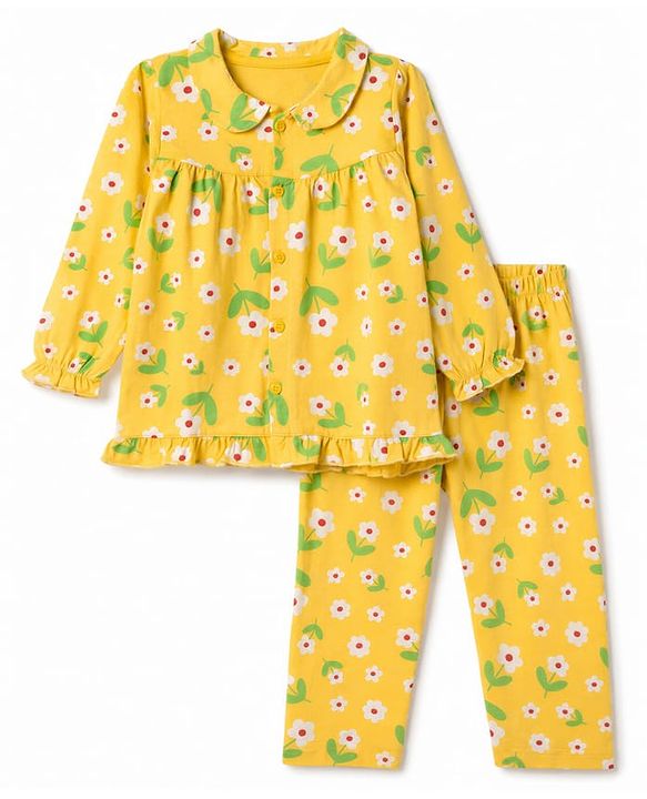 Babyhug Cotton Knit Full Sleeves Front Open Shirt & Pyjama Night Suit with Floral Print - Yellow