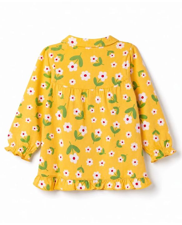 Babyhug Cotton Knit Full Sleeves Front Open Shirt & Pyjama Night Suit with Floral Print - Yellow