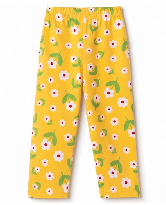 Babyhug Cotton Knit Full Sleeves Front Open Shirt & Pyjama Night Suit with Floral Print - Yellow