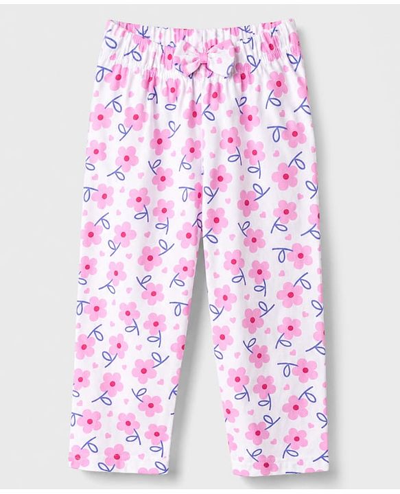 Babyhug Cotton Knit Full Sleeves Front Open Co-Ords Top & Pajama Night Suit Floral Print - White & Pink