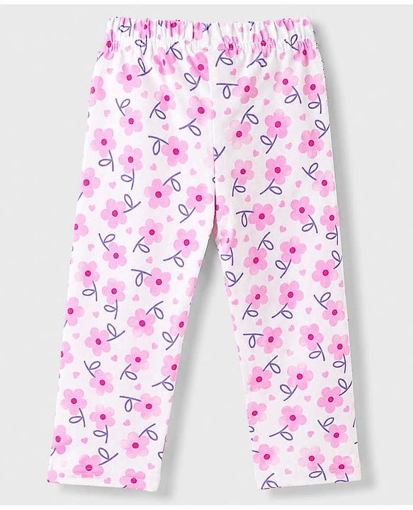 Babyhug Cotton Knit Full Sleeves Front Open Co-Ords Top & Pajama Night Suit Floral Print - White & Pink