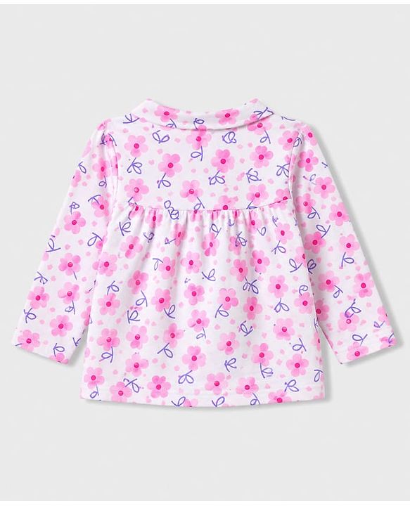 Babyhug Cotton Knit Full Sleeves Front Open Co-Ords Top & Pajama Night Suit Floral Print - White & Pink