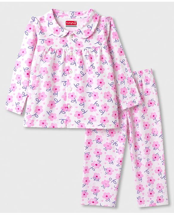 Babyhug Cotton Knit Full Sleeves Front Open Co-Ords Top & Pajama Night Suit Floral Print - White & Pink
