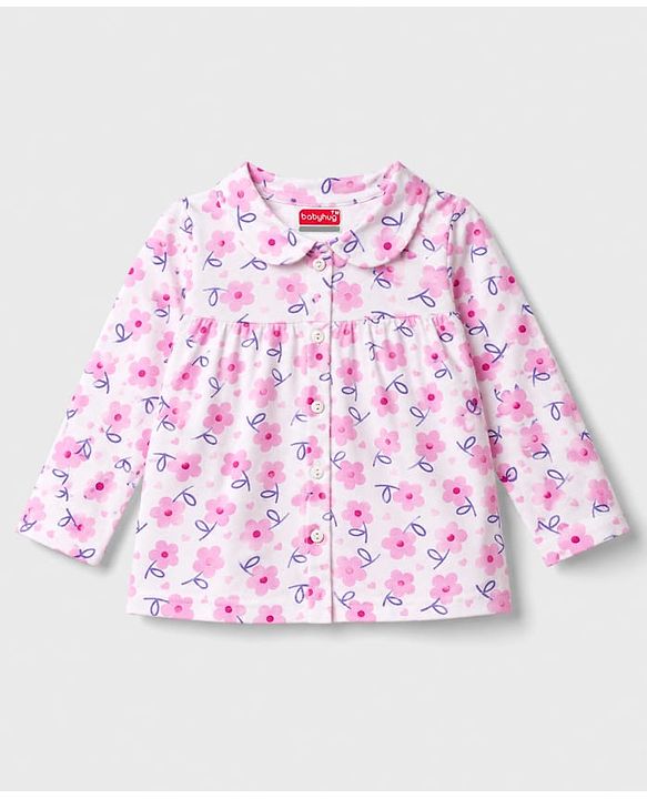 Babyhug Cotton Knit Full Sleeves Front Open Co-Ords Top & Pajama Night Suit Floral Print - White & Pink