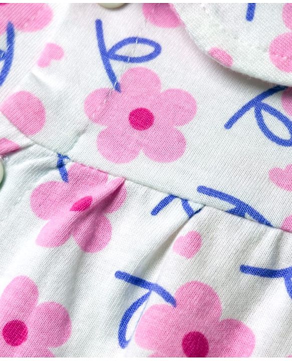 Babyhug Cotton Knit Full Sleeves Front Open Co-Ords Top & Pajama Night Suit Floral Print - White & Pink