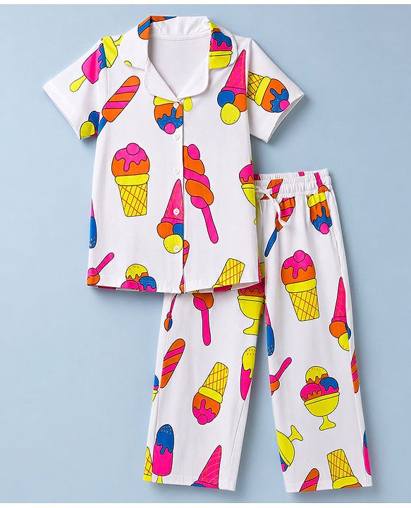 Pine Kids Cotton Knit Half Sleeves Co-Ords Shirt & Capri Night Suit with Ice-Cream Print - White