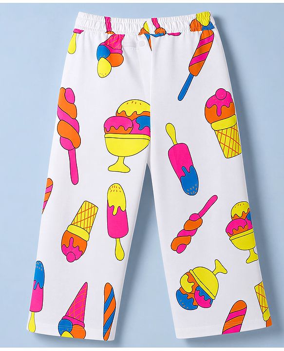 Pine Kids Cotton Knit Half Sleeves Co-Ords Shirt & Capri Night Suit with Ice-Cream Print - White