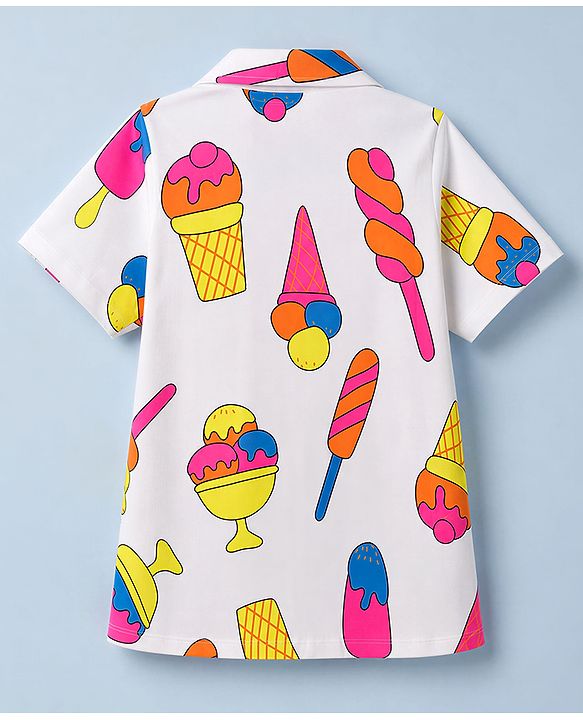 Pine Kids Cotton Knit Half Sleeves Co-Ords Shirt & Capri Night Suit with Ice-Cream Print - White