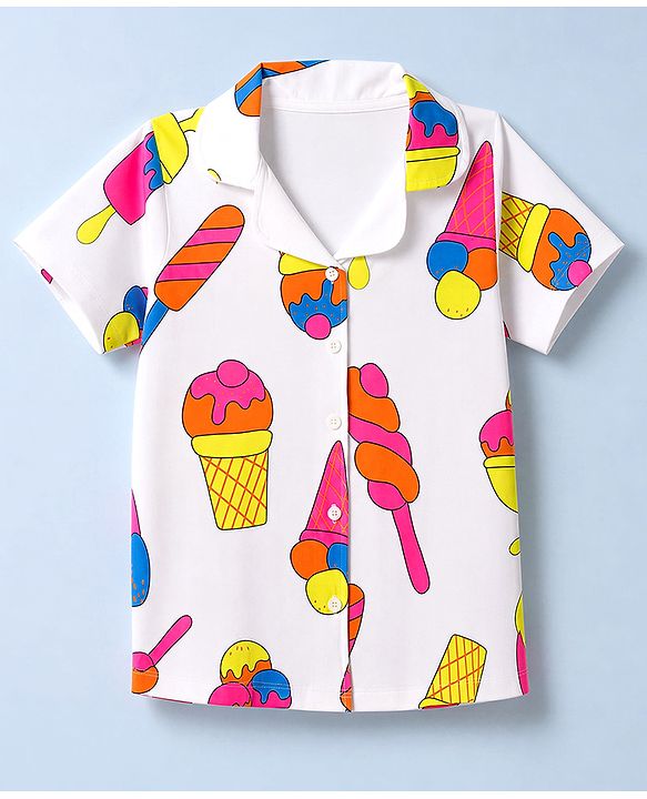 Pine Kids Cotton Knit Half Sleeves Co-Ords Shirt & Capri Night Suit with Ice-Cream Print - White