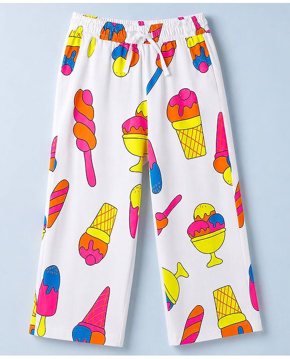 Pine Kids Cotton Knit Half Sleeves Co-Ords Shirt & Capri Night Suit with Ice-Cream Print - White