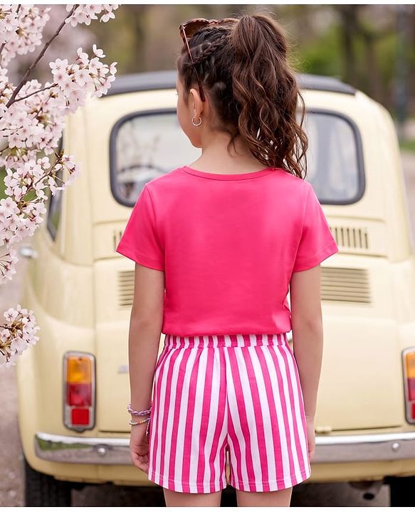 Pine Kids Cotton Knit Half Sleeves T-Shirt & Striped Shorts Night Suit With Text Print - Pink